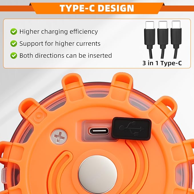6 Pack USB Rechargeable LED Road Flares Emergency Lights, Roadside Warning Car Safety Beacon Flashing Disc Flare Kit with Magnetic Base for Vehicles & Boat&Truck