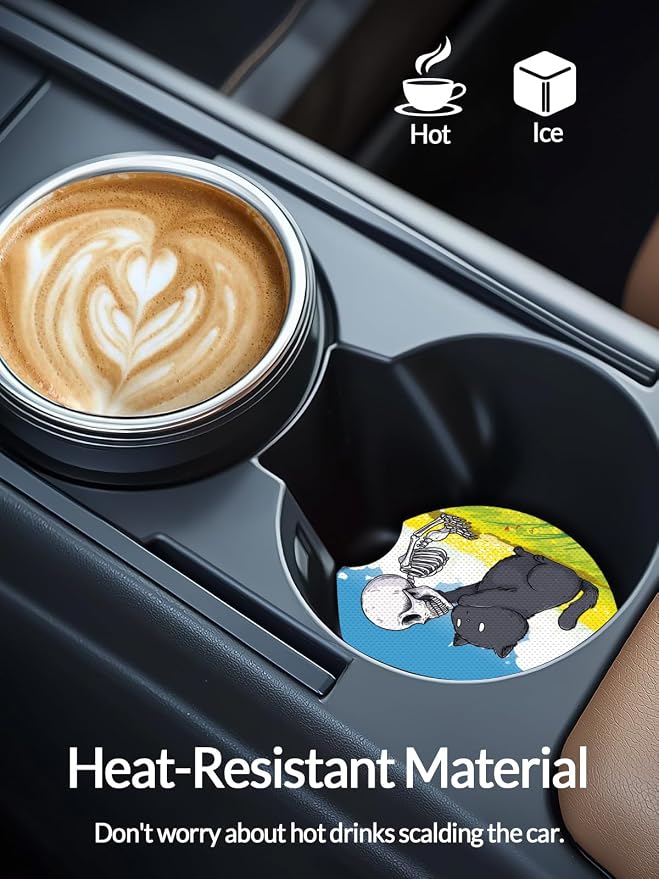 WOCOCN Cute Cup Holder Coasters for Your Car with Fingertip Grip, Auto Accessories for Women & Men,Pack of 2 (Black Cat and Skull)