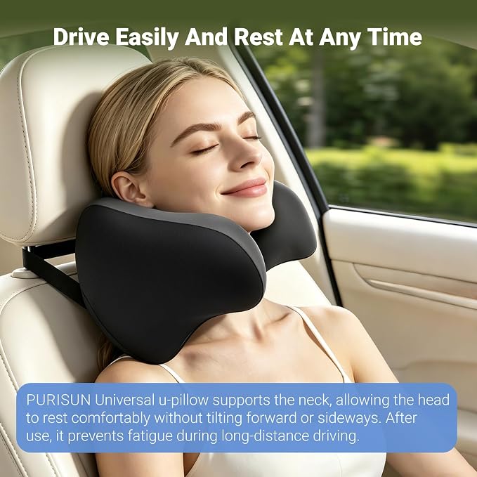 RURISUN U Shaped Pillow,Car Headrest Pillow, for Sleeping with Adjustable Strap Travel Cervical Neck Pillow,100% Memory Foam Breathable Removable Cover(Gray, 1PC)