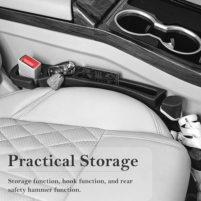 Car Seat Gap Filler with Organizer Hook, 2-Pack Car Seat Gap Plug | Fills Gap Between Seat & Console Prevent Small Items & Tools from Falling Seat Side Gap Fits Cars, SUVs, Trucks & Sedans