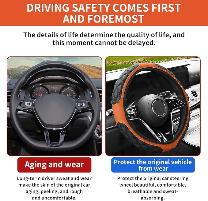 15 Inch Leather Steering Wheel Cover, Automotive Accessories Breathable Anti-Slip Elastic Soft Wheel Protector, Fit for Most SUVs Trucks and RVs (Orange)