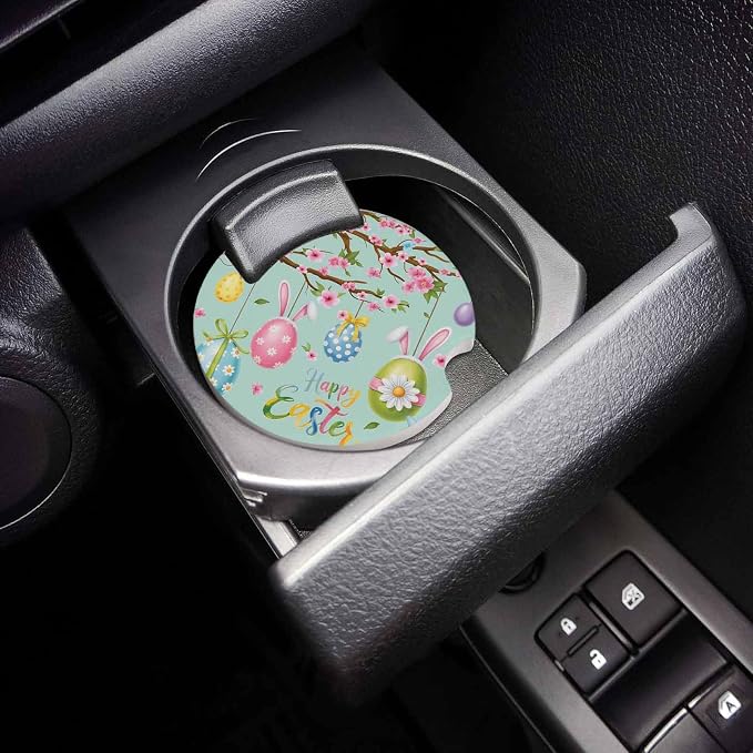 Small Car Coasters for Cup Holders 2.6" Dia Absorbent Set of 2 Interior Accessories for Women Men Easter Eggs Spring Bunny Ears Green Ceramic Coaster for Drinks With Finger Grooves