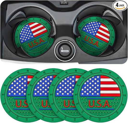 AUCELI 4 Pack Car Cup Holder Coasters, Colored American Flag US Flag Insert Car Cup Coaster, 2.75 Inch Anti Slip Shockproof Embedded Drink Mat, Vehicle Interior Decor Accessories
