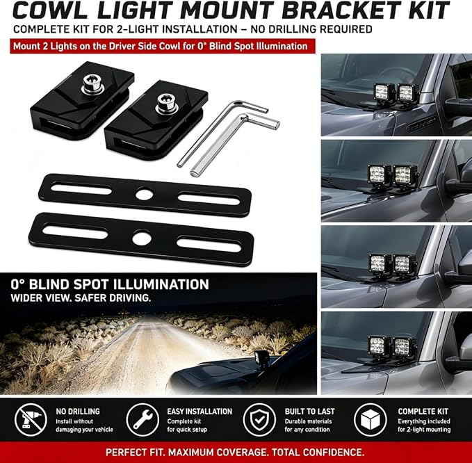 Hood Light Mount Brackets A Pillar Ditch Light Brackets with Extensions | Clamp-On Ditch Light Brackets + Extensions for Hood Mount | No-Drill Universal, Holds Lights, Antenna & Camera