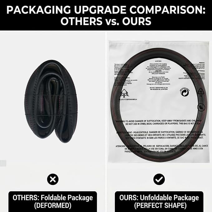 Genuine Leather Steering Wheel Cover, Black Real Cowhide for 14.5-15 Inch Steering Wheels, Universal Fit for Cars and Trucks (BlackRed)