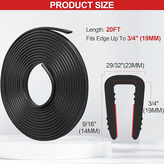 ToLanbbt Rubber Edge Trim U Channel, 3/4" Self Adhesive Sheet Metal Edge Guard Protector, EPDM Seal Strip for Car Doors, Steel Plates, Glass, Hatches, Table Corners, Fit 3/4"(19mm), 20Ft, Black