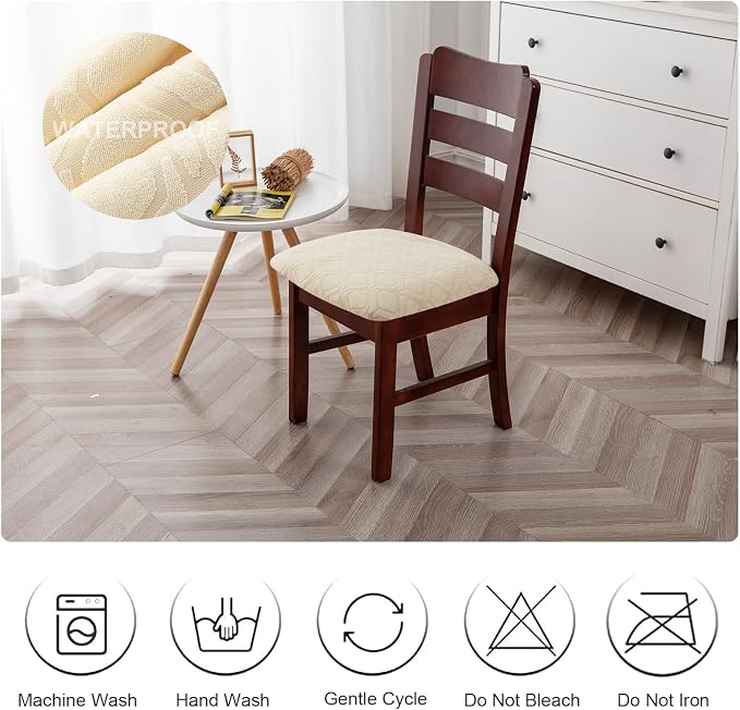Genina Waterproof Seat Covers for Dining Room Chairs, Stretch Chair Covers Removable Washable Dinning Room Kitchen Chair Seat Cushion Slipcovers (Jacquard-Beige, 4 PCS)