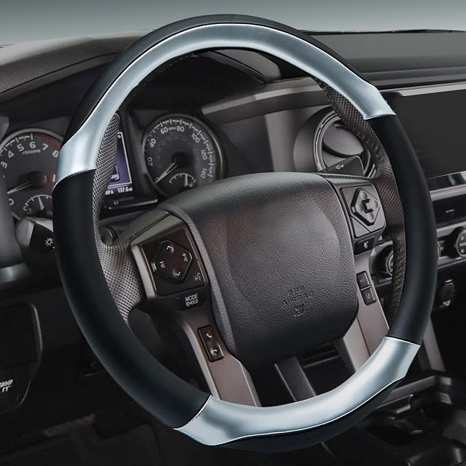 Yangday Leather Steering Wheel Cover for Toyota RAV4 Corolla Camry Highlander, 14.5-15 inches Car Steering Wheel Cover with Non-Slip Breathable (Bright Silver)