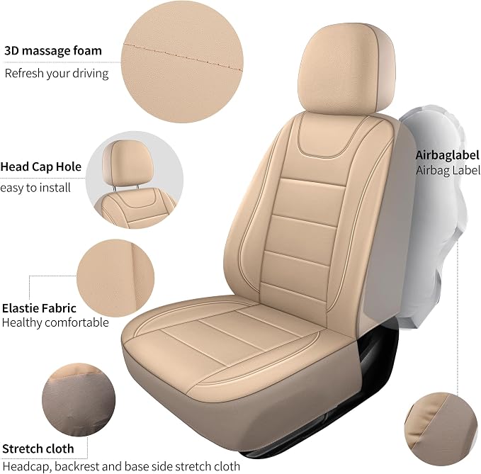 HChengkikz Front Car Seat Cover, Waterproof Faux Leather (Beige) | Car Seat Protectors, Quilting, Easy to install, Airbag Compatible, Universal Fit for Most Suvs, Trucks, SUVs