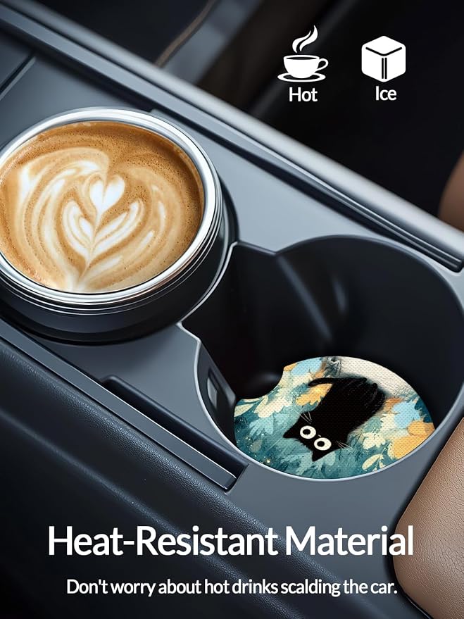 WOCOCN Cute Cup Holder Coasters for Your Car with Fingertip Grip, Auto Accessories for Women & Men,Pack of 2 (Cute Black Cat)