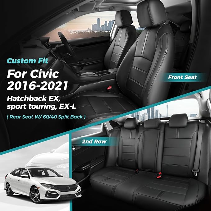 Seat Covers for Honda Civic Hatchback LX, EX, EXL, Sport, Touring, 2016-2021, Faux Leather Car Seats Cover Full Set Seatback Waterproof, Black (60/40 Split Seatback)