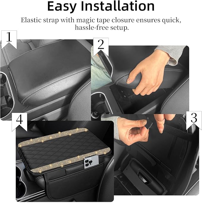 NBTEPEM Bling Car Center Console Cover, Leather Car Arm Rest Cover Cushion with 2 Storage Bags, Universal Auto Armrest Protector, Bling Accessories Interior for Most Vehicles(Champagne Diamond)