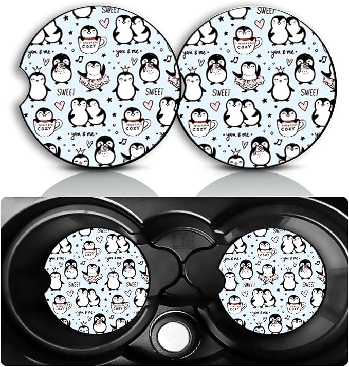Penguin Car Cup Holder Coasters Set of 2 – Fun Penguin Car Accessories 2.75" Universal Size Anti Slip Rubber Mat Recessed Auto Insert Coasters Decor Penguins Gifts for Women Men Dad Grandpa