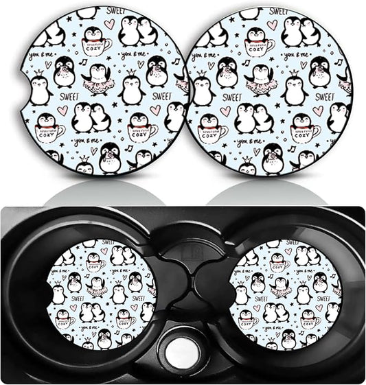 Penguin Car Cup Holder Coasters Set of 2 – Fun Penguin Car Accessories 2.75" Universal Size Anti Slip Rubber Mat Recessed Auto Insert Coasters Decor Penguins Gifts for Women Men Dad Grandpa
