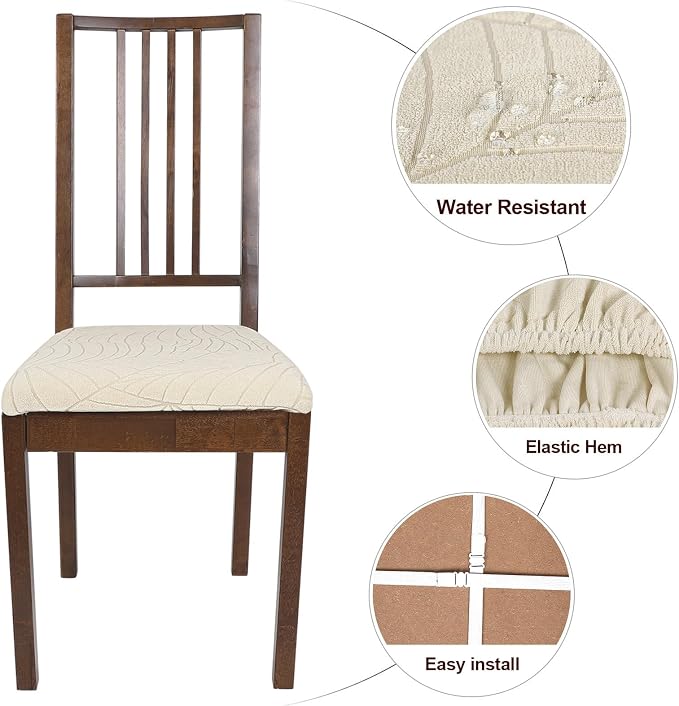SearchI Waterproof Seat Covers for Dining Room Chairs Stretch Jacquard Chair Seat Covers Set of 6, Removable Washable Kitchen Chair Seat Protector Cushion Slipcovers for Office (Beige Leaf)