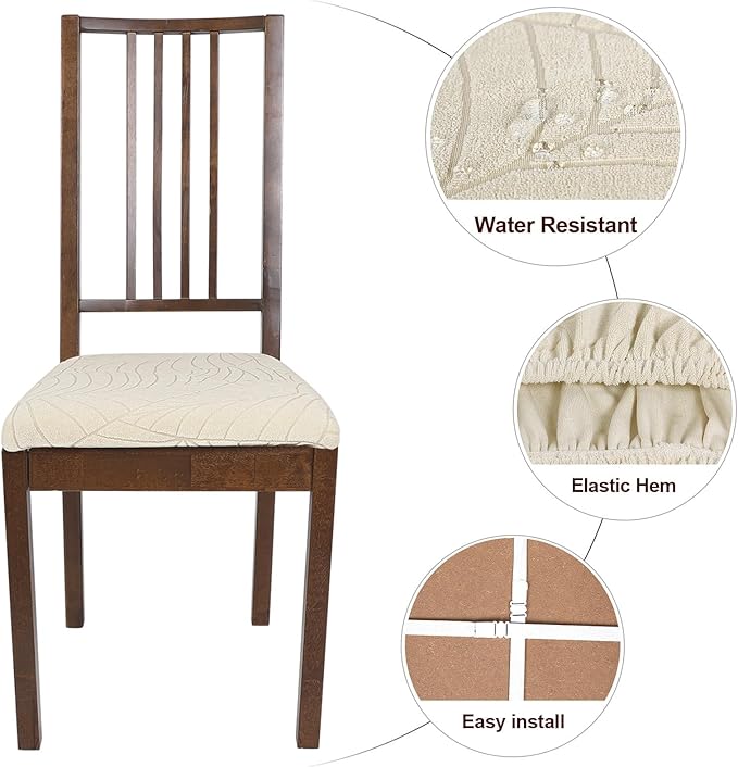 SearchI Waterproof Seat Covers for Dining Room Chairs Stretch Jacquard Chair Seat Covers Set of 4, Removable Washable Kitchen Chair Seat Protector Cushion Slipcovers for Office (Beige Leaf)