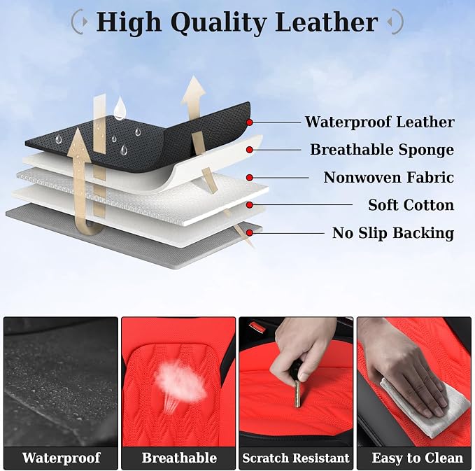 Coverado Car Seat Cover Full Set, Luxury Leather Seat Covers for Front and Rear, Waterproof Seat Covers Auto Seat Cover 5 Seats, Car Seat Protectors Driver Seat Covers Universal for Most Vehicles, Red