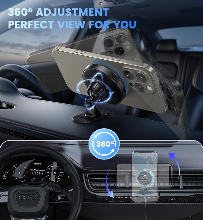 Magnetic Car Charger Mount 15W for iPhone 17-12 Pro Max | N52 Strong Magnets, 360° Rotation, Dashboard & Vent Mount, Compatible with Magnetic Cases, Gift for Men, Black