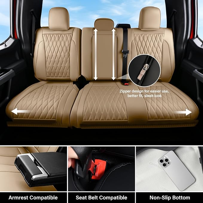 Coverado Premium Leather Truck Seat Covers Full Set – Custom Fit, Waterproof, Heavy Duty, Anti-Spill, Scratch Resistant Protector for Ford F150 2015-2026, F250-F450, Beige