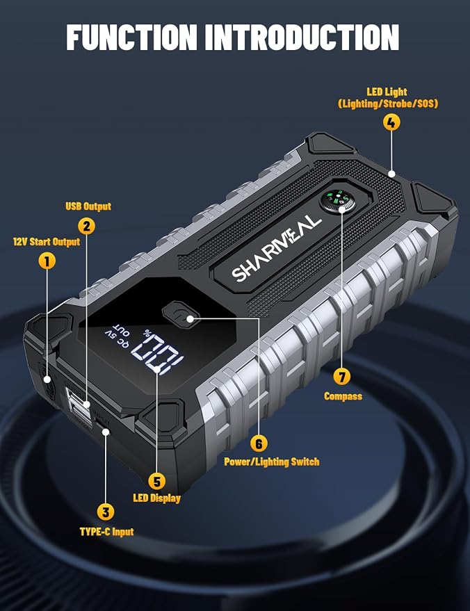 Sharmeal Car Jump Starter 6000A, Jump Starter Battery Pack for All Gas and 9.0L Diesel, 12V Portable Jump Box with LED Light