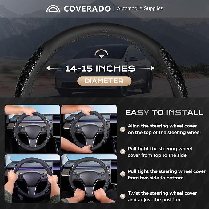 Coverado Car Steering Wheel Cover, Nappa Leather Black Steering Wheel Covers, Universal 14-15 inch, Anti-Slip, Breathable Steering Wheel Protector for Women Men