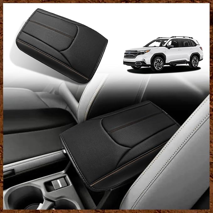 Muslogy Center Console Armrest Cover Fit for Subaru Forester 2025 Accessories, Comfort Armrest Pad Console Lid Cushion Vegan Leather Regular Thick (Black/Brown Trim)