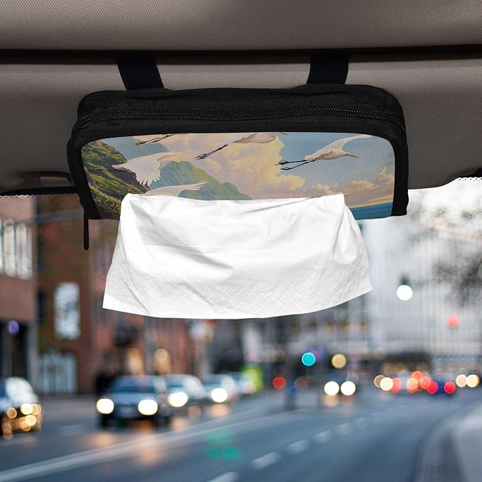 White Egret Fly Coastline Car Tissue Holder Durable Napkin Holder Hanging Tissue Holders Case Car Tissues Bag for Sun Visor Seat Back Universal Auto