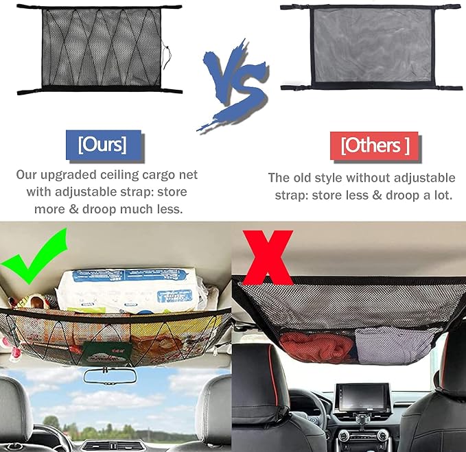 Car Ceiling Storage Net | Double Zipper, Adjustable Strap Prevent Falling, Double-Layer Mesh Long Road Trip Camping Van SUV Roof Cargo Pocket Organizer for Putting Quilt Toys Towel Sundries