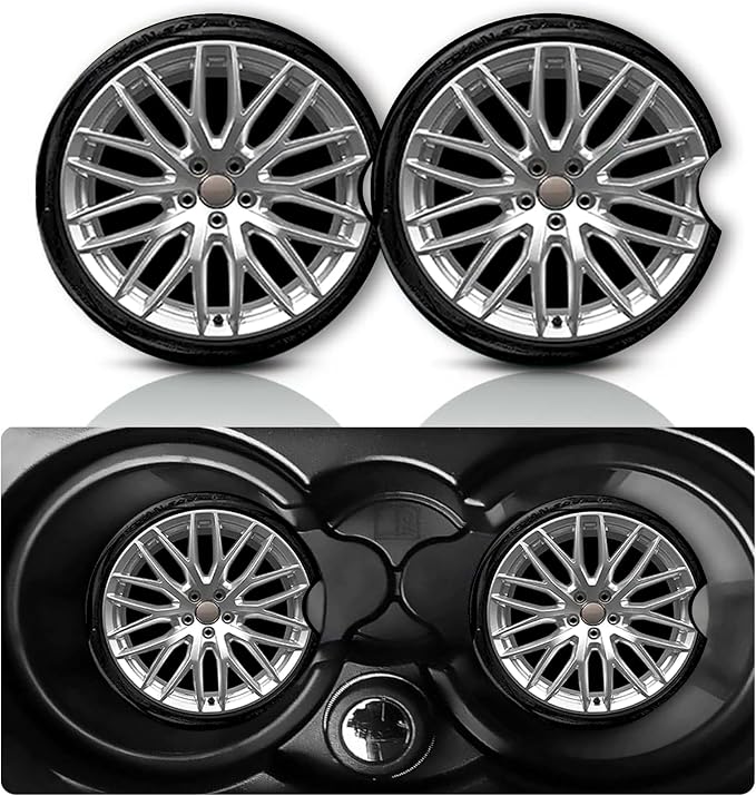2PCS Tire Pattern Car Cup Holder Coasters Universal Anti-Slip Rubber Mat | Fun Auto Accessories Interior Decor, 2.75" Car Coasters for Cup Holders with Finger Slot, Car Love Gifts for Women Men