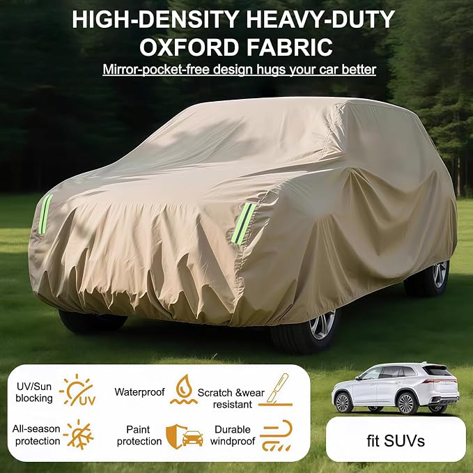 Oxford Car Cover Waterproof All Weather Protector Universal SUVs | 210D Thick Oxford Full Cover with Soft Cotton Liner for UV Hail Snow Ice Dust Protection , 9 Windproof Straps Easy Install