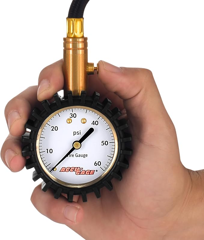 Accu-Gage RH60XA Tire Pressure Gauge with Hose and Protective Rubber Guard, Angled Swivel Chuck, 60 PSI