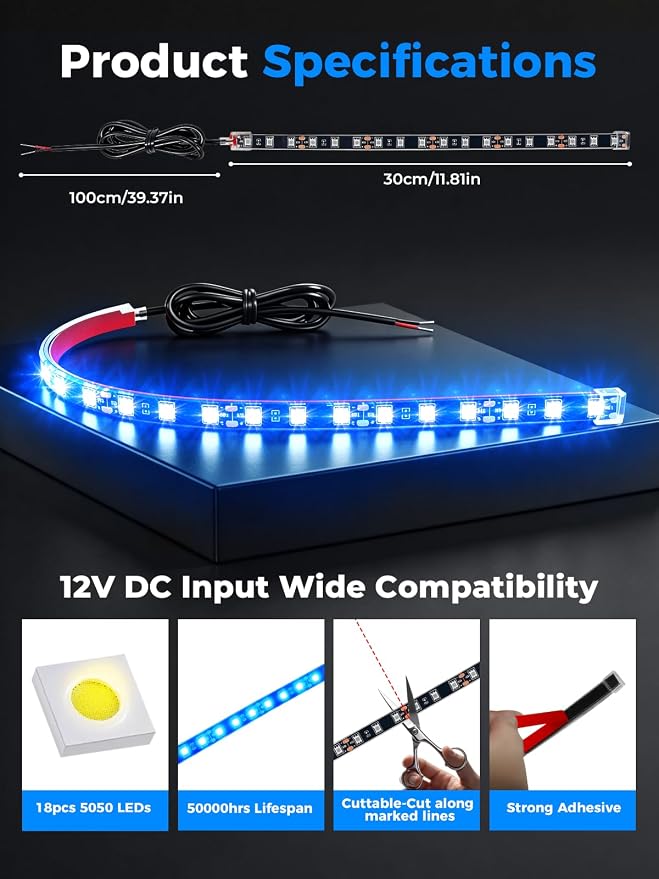 Car LED Strip Lights IP68 Waterproof Cuttable 12inch Blue 4 Pcs | 12V Footwell & Underbody Lights, 18pcs 5050 SMD, interior & exterior light, fits SUVs, trucks, motorcycles, boats, golf carts