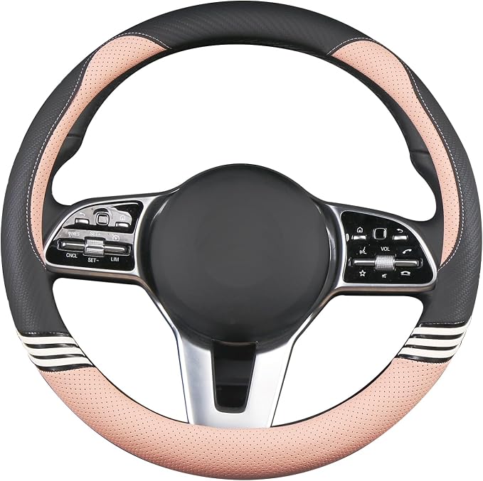 15 inch Cute Leather Steering Wheel Cover Black and Pink | Breathable Non-Slip Faux Leather and Carbon Fiber Car Accessories for Women Men Universal 14.5 inch to 15 inch