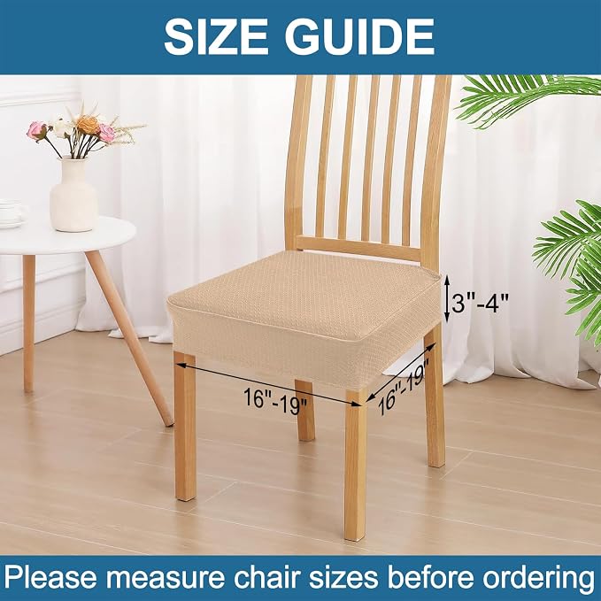 Smiry Waterproof Seat Covers for Dining Room Chairs Set of 8, Stretch Jacquard Removable Washable Chair Seat Slipcovers Protector, No Rear Covers, Khaki