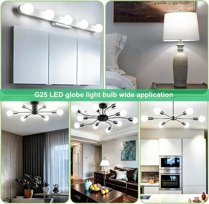 Vinaco Glass G25 led Globe Light Bulbs Dimmable 6W 120V 5000K for Bathroom | 6PCS, Milky Frosted Glass, 60W Eq. 450LM, 360°Beam,Warm White, NO Flicker, High CRI90+, E26 Base, for Makeup Mirror & Pendant