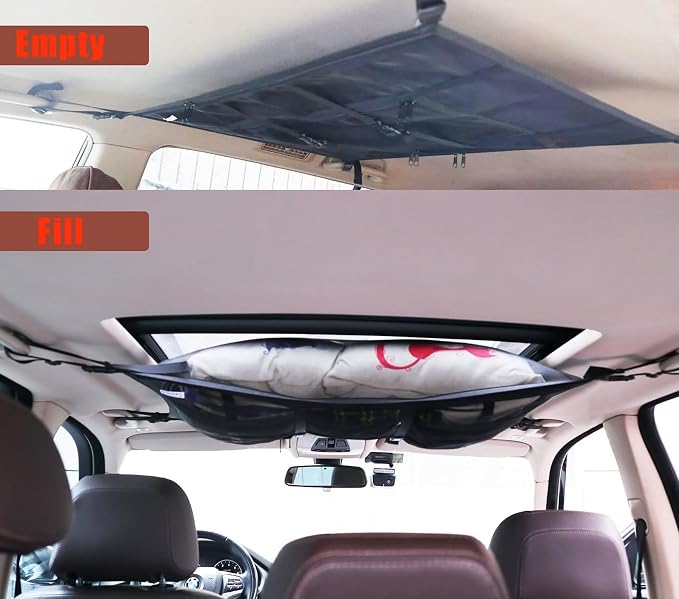 Car Ceiling Cargo Net Pocket 31"x21" Double-Layer Roof Storage for SUV Van | Heavy-duty nylon 31"x21" double-layer ceiling net, fits 4-handle SUVs & vans, holds gear for camping, road trips & van life