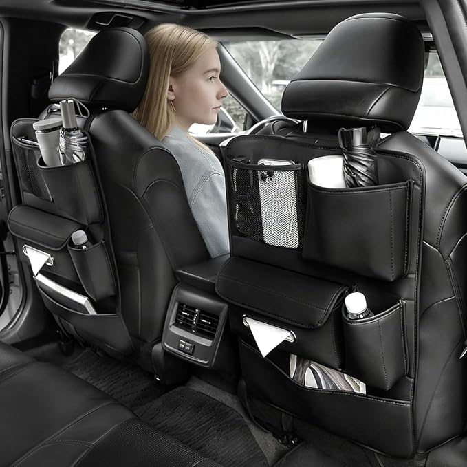 Backseat Car Organizer Including Tissue Holder, Car Interior Organization for Phone Sunglasses Cup Charger Umbrellas, Seat Anti-dirty Protection Pad, Multifunctional Leather Auto Accessories