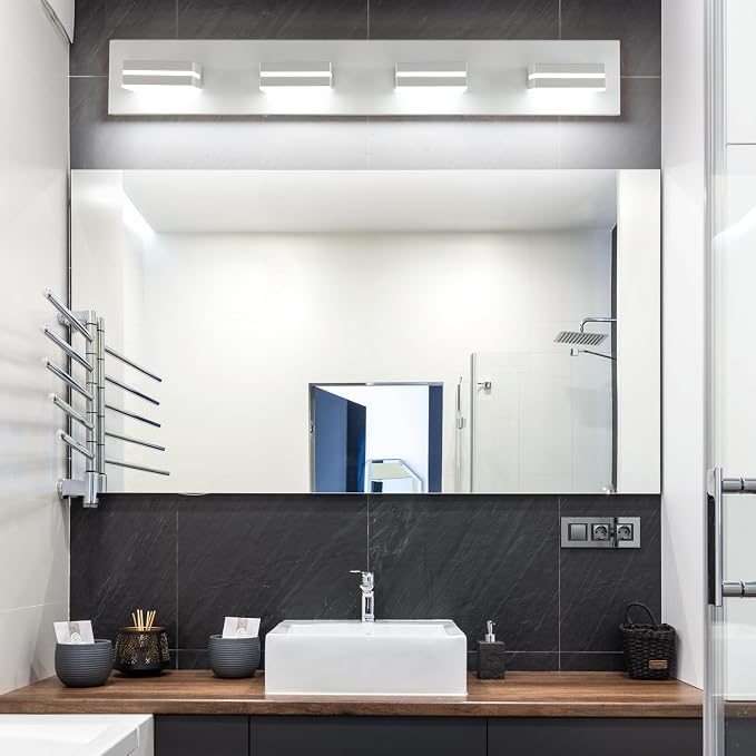 SineRise LED Modern Bathroom Vanity Light Fixtures (4-Light, 30-Inch, Dimmable), Matte White Modern Acrylic Bathroom Wall Lighting Fixtures Over Mirror (Cool White 6000K)