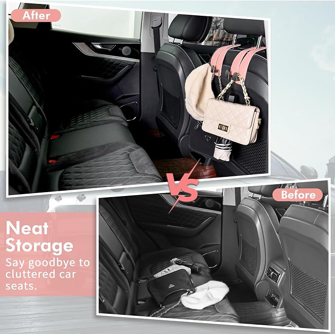Car Hooks for Headrest, Leather Car Seat Back Storage Organizer Interior Accessories, Auto Seat Hook Hangers for Purse Umbrellas Handbag Clothes Coats Grocery Bags (Pink-1 Pack)