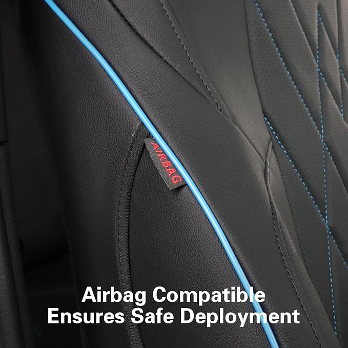 EKR Tacoma Seat Covers Custom Fit for Toyota Tacoma (Only For Hybrid)2024 2025 2026 Double cab TRD Sport/TRD Off-Road/Limited/Trailhunter -Truck Seat Cover Full Set,Faux Leather (Black with Blue Trim)