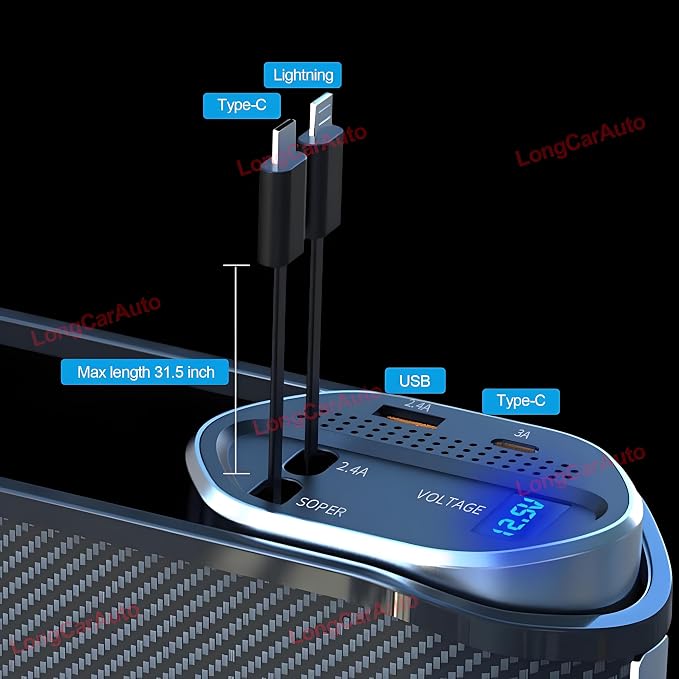 5 in 1 Car Seat Gap Filler Organizer with Wireless Charger | Cup Holder, Cigarette Lighter, Retractable Charging Cords, iOS Type-C USB Port, Fast Charge Storage Box