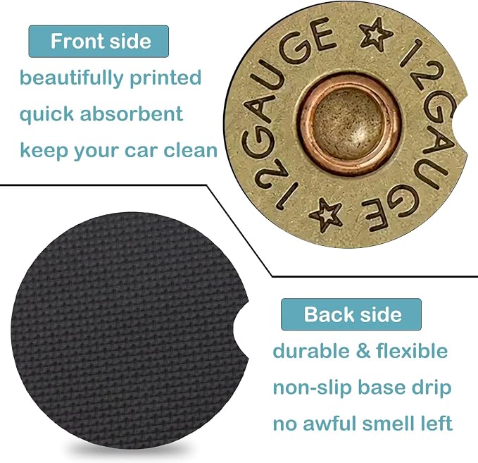 2 Pack Cool 12 Gauge Bullet Car Cup Holder Coasters Universal Neoprene | 2.75" Universal Size Anti Slip Rubber Mat, Auto Cup Holder Accessories for SUV Truck, Bullet Gifts for Men Dad