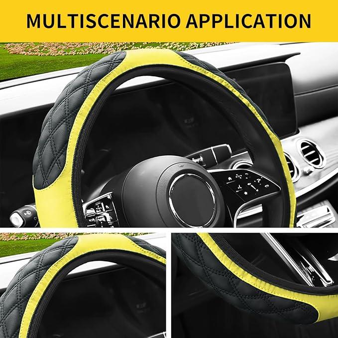 15 Inch Leather Steering Wheel Cover, Automotive Accessories Breathable Anti-Slip Elastic Soft Wheel Protector, Fit for Most SUVs Trucks and RVs (Yellow)