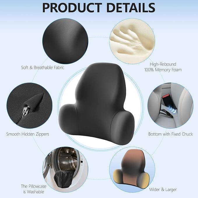 BABUR Memory Foam Lumbar Support Pillow for Car, Lower Back Pain Relief | Ergonomic Back Cushion for Car Seat, Promotes Better Posture, Relieve Pressure for Long Sitting, Sit Comfortably All Day
