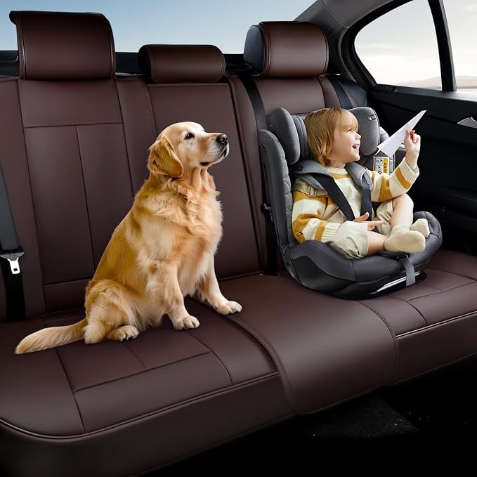 Coverado Back Seat Cover for Kids, Rear Seat Covers for Cars, Brown Back Seat Protector, Waterproof Car Seat Cushion Nappa Leather, 3-Pieces Dog Seat Cover for Back Seat Universal Fit for Most Cars