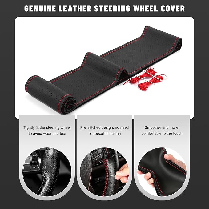 Genuine Leather Steering Wheel Cover, 15 Inch Stitch on Steering Wheel Protector with Needle & Thread, Anti-Slip DIY Sewing Wheels Wrap for Most Vehicles (Black & Red, Full Hole)