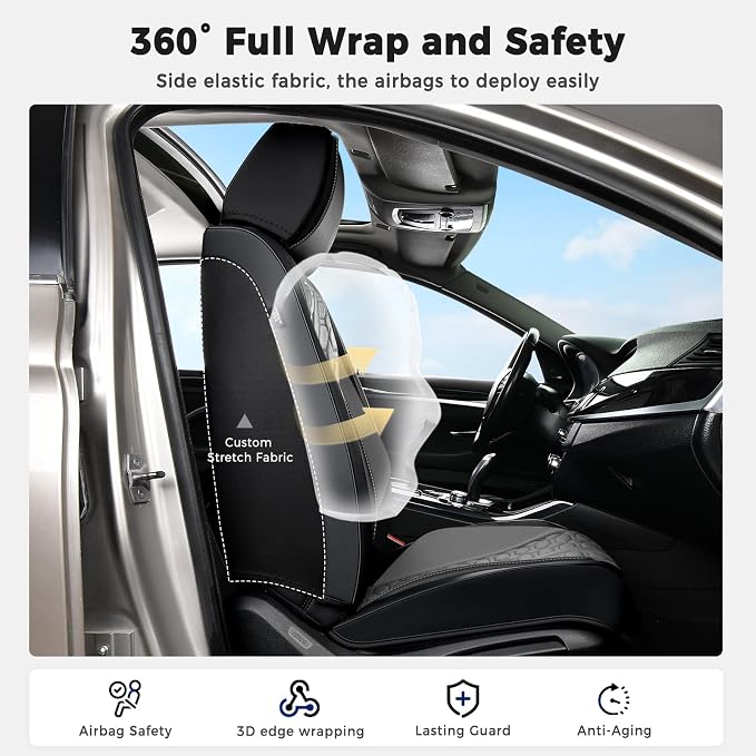 Huidasource Front and Back Seat Covers Universal Fit for Most Cars SUV Trucks, Leather Car Seat Covers Full Set 5 Seats, Full-Cover Pickup Truck Seat Cover with Lumbar Support, Black & Gray