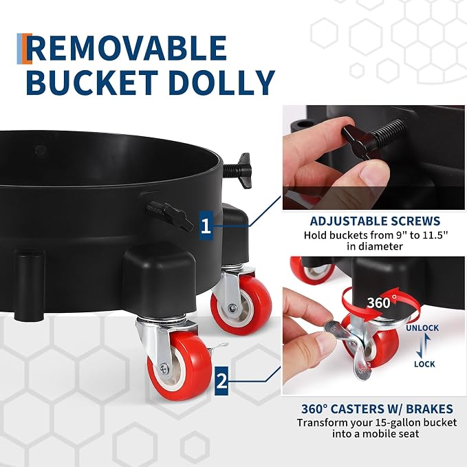 5 Gallon Car Wash Bucket Kit w/ 5-Caster Dolly, 15.5L Bucket, Filter Grids, Rubber Handle and Lid, 300LB Capacity Rolling Detailing System for Auto Cleaning, Heavy-Duty (Transparent)
