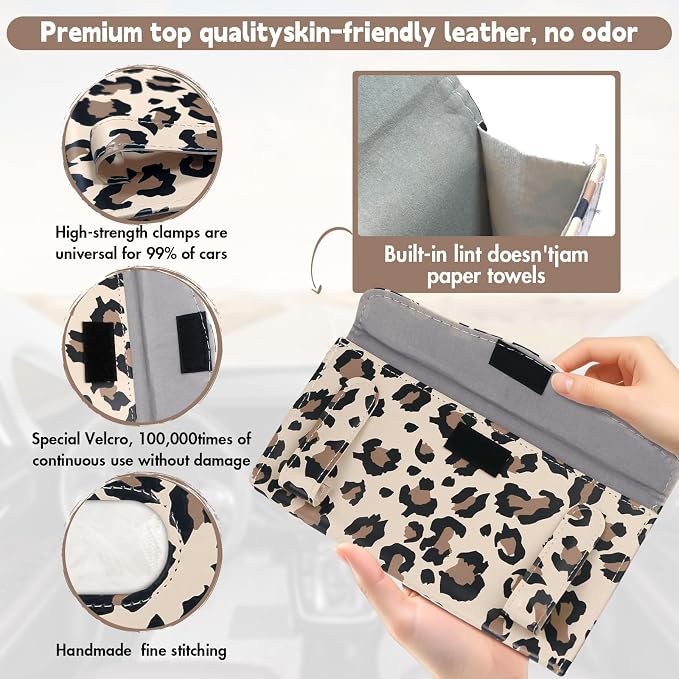 2 Pcs Sunglass Holder and 1Pcs Car Tissue Holder for Car,Magnetic Leather Sunglasses Holder Car Sun Visor Glasses Hanger Clip,Car Interior Accessories for Women(Light Brown Leopard Print)