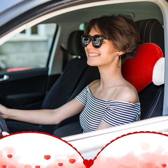 Macarrie 2 Pcs Plush Heart Shaped Pillow with Angel Wings Car Headrest Soft Comfortable Seat Pillow for Driving Travelling Room Office Car Decor, 19.7 x 8.3 Inch(Red)